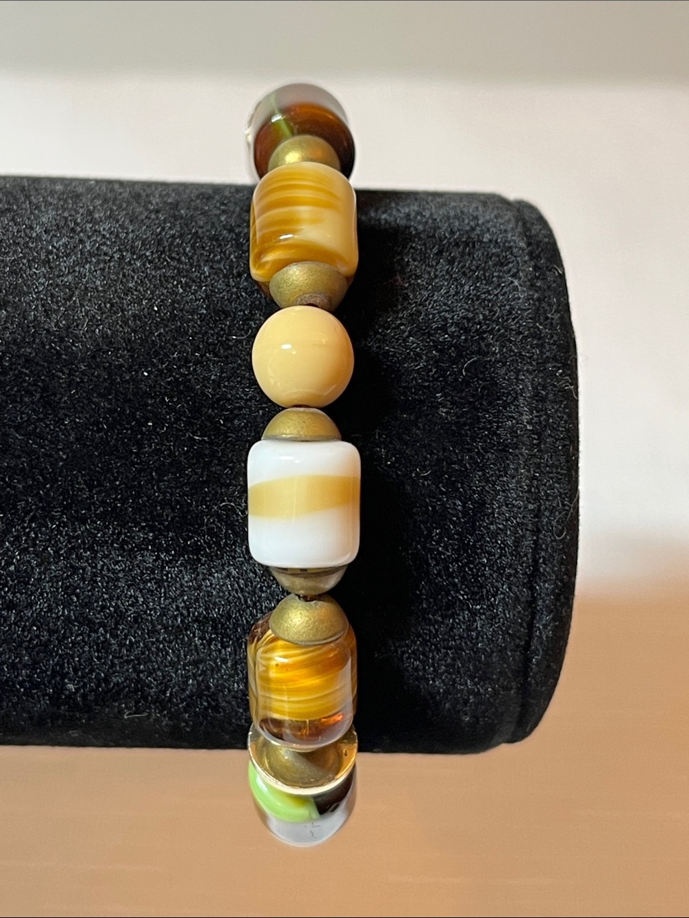 Vintage Beaded bracelet cream-striped Dzi-style barrel beads